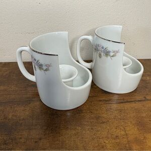 Pair White Ceramic Half Mug Candle Holders Floral Pattern Silver Trim Japan